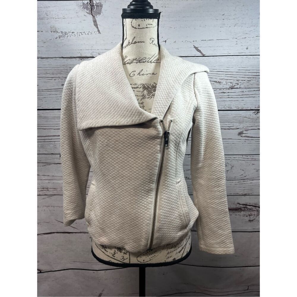 Cabi Textured Knit Moto Jacket Cream‎ Asymmetrical Zip Collar Women's Small